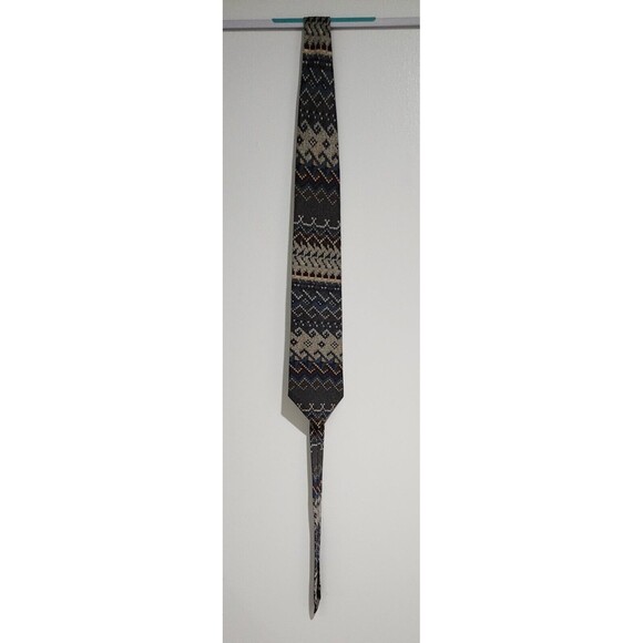 Henri Christian New York Paris Mens All Silk Tie Fair Isle Beige Blue 4" x 62" - Picture 2 of 4